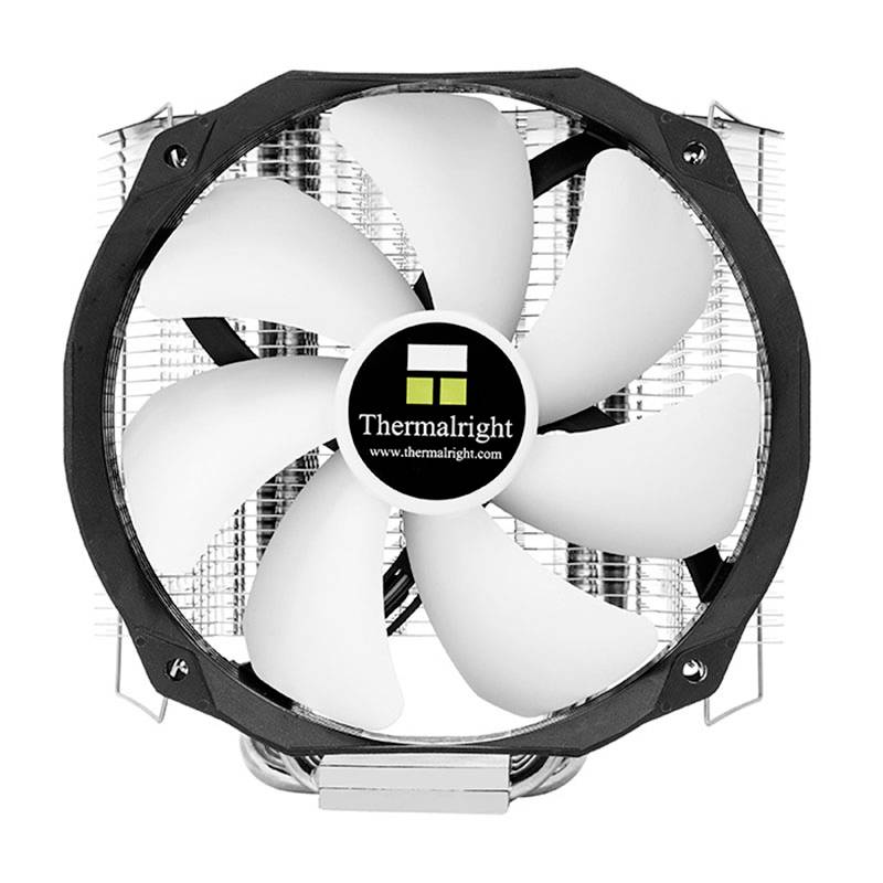 Grand ventilateur d'ordinateur avec un cadre noir et des pales blanches, le nom de marque 'Thermalright' au centre sur un fond blanc.