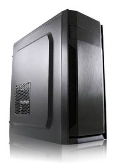 Boîtier d'ordinateur de bureau noir avec des angles lisses et des grilles de ventilation sur le côté, présenté sur un fond blanc.