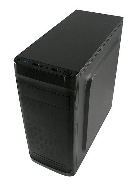 Un boîtier d'ordinateur noir de type tour avec plusieurs ports USB et un bouton d'alimentation à l'avant.