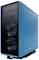 Un boîtier d'ordinateur bleu avec deux ventilateurs sur la façade. Le boîtier présente un design épuré et moderne avec une grille métallique.