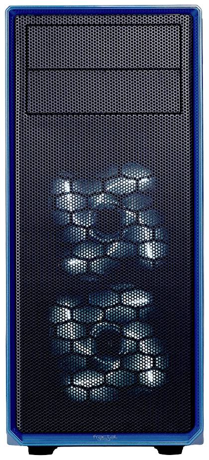 Boîtier d'ordinateur noir avec bordure bleue, deux ventilateurs éclairés sur la façade, design moderne.