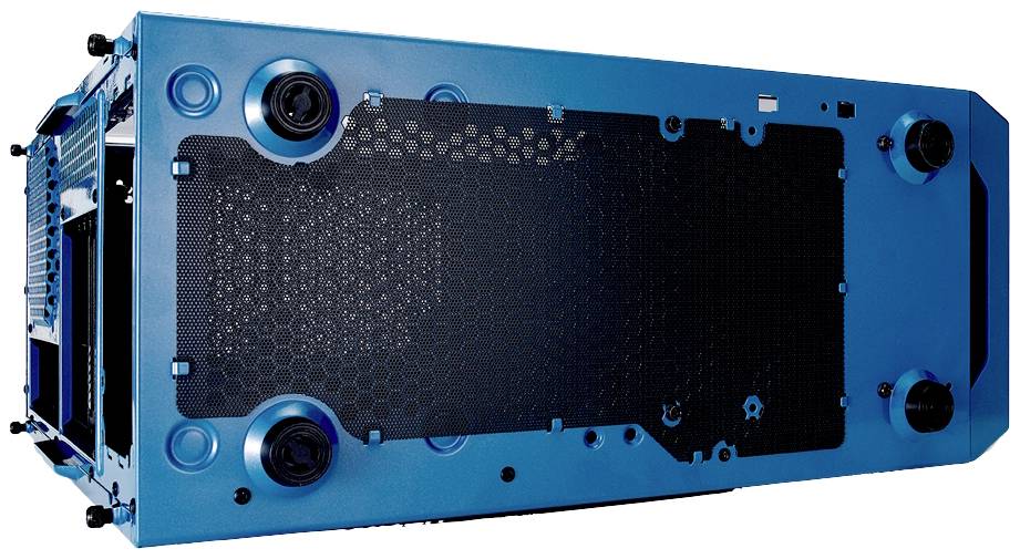 Boîtier bleu d'un ordinateur ou d'un appareil électronique vu du dessous, avec une grille visible et des éléments de ventilation.