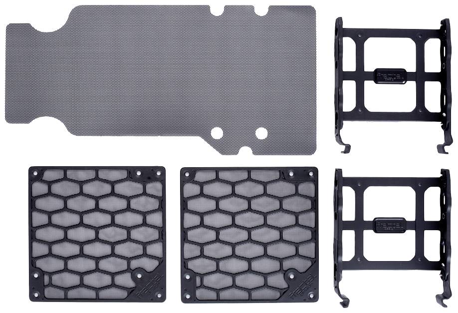 Ensemble d'accessoires pour boîtier d'ordinateur, comprenant un couvercle anti-poussière, deux cages de montage pour disques et trois filtres de ventilation.