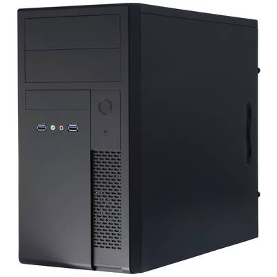 Un boîtier d'ordinateur noir avec deux ports USB, un port audio et un bouton d'alimentation sur la façade.