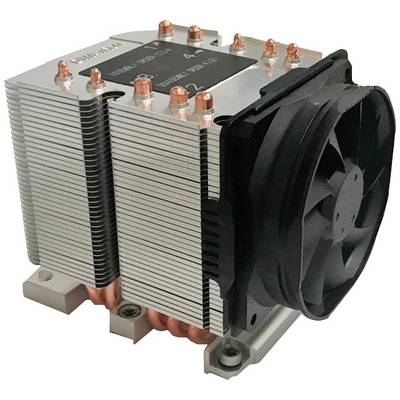 Radiateur avec ventilateur et caloducs en cuivre pour le refroidissement des processeurs d'ordinateur. Design compact pour une dissipation thermique efficace.