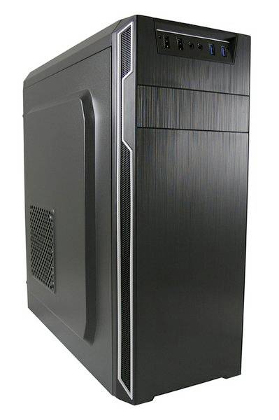 Boîtier d'ordinateur noir avec des ports en haut, incluant des ports USB et des fentes de ventilation sur le côté.