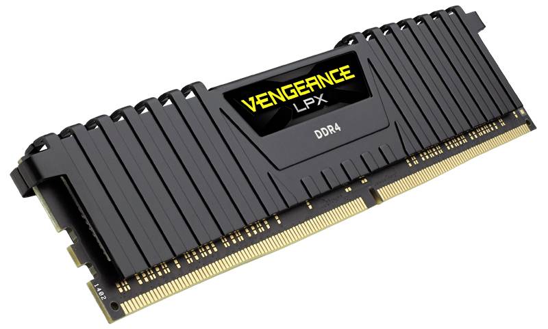 Barrette de mémoire vive DDR4 noire avec logo jaune 'Vengeance LPX' au centre. Adaptée pour les mises à niveau d'ordinateur.