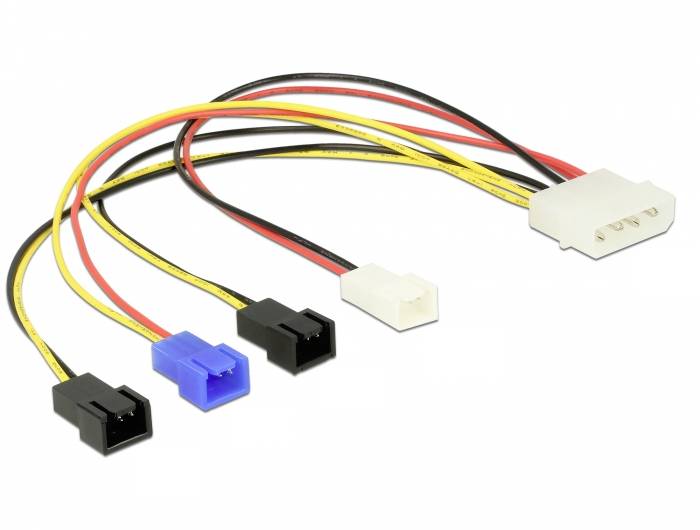 L'image montre un adaptateur Molex vers ventilateur avec une fiche Molex blanche d'un côté et plusieurs fiches de ventilateur colorées de l'autre.