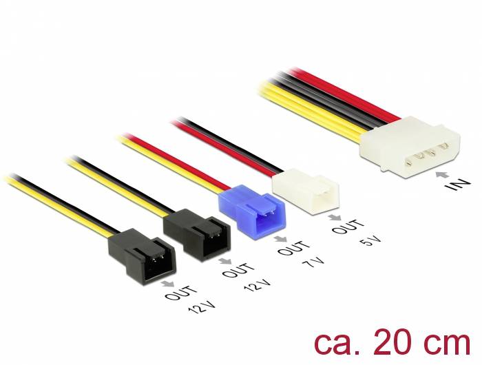 'Adaptateur de câble INVOLT pour ventilateur : Plusieurs sorties (12V, 7V, 5V) et environ 20 cm de long pour la conversion de tension et la connexion électrique.'