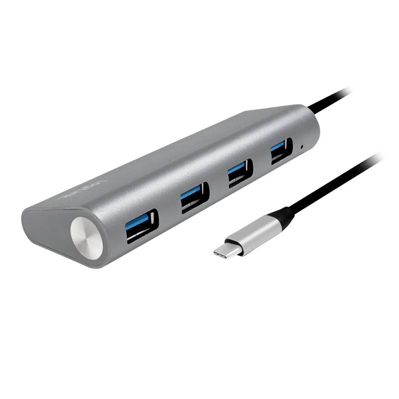 Hub USB à cinq ports : quatre ports USB de type A et un câble USB de type C. Le boîtier est de couleur argent et fin.