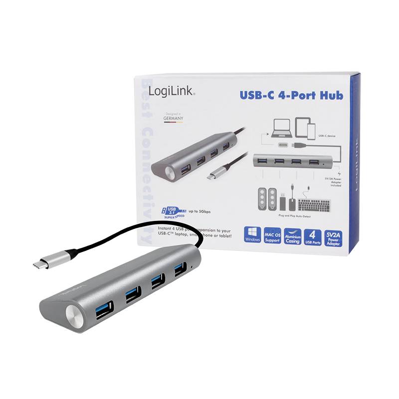 Hub LogiLink USB-C à 4 ports, sur l'emballage ; présente un hub argenté avec quatre ports USB, un câble et des illustrations de périphériques. Compatibilité : Mac et Windows.