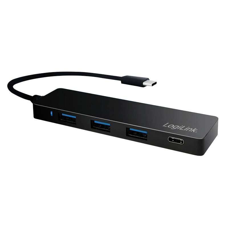 Un hub USB-C noir avec trois ports USB et un port USB-C, conditionné dans un design rectangulaire compact.
