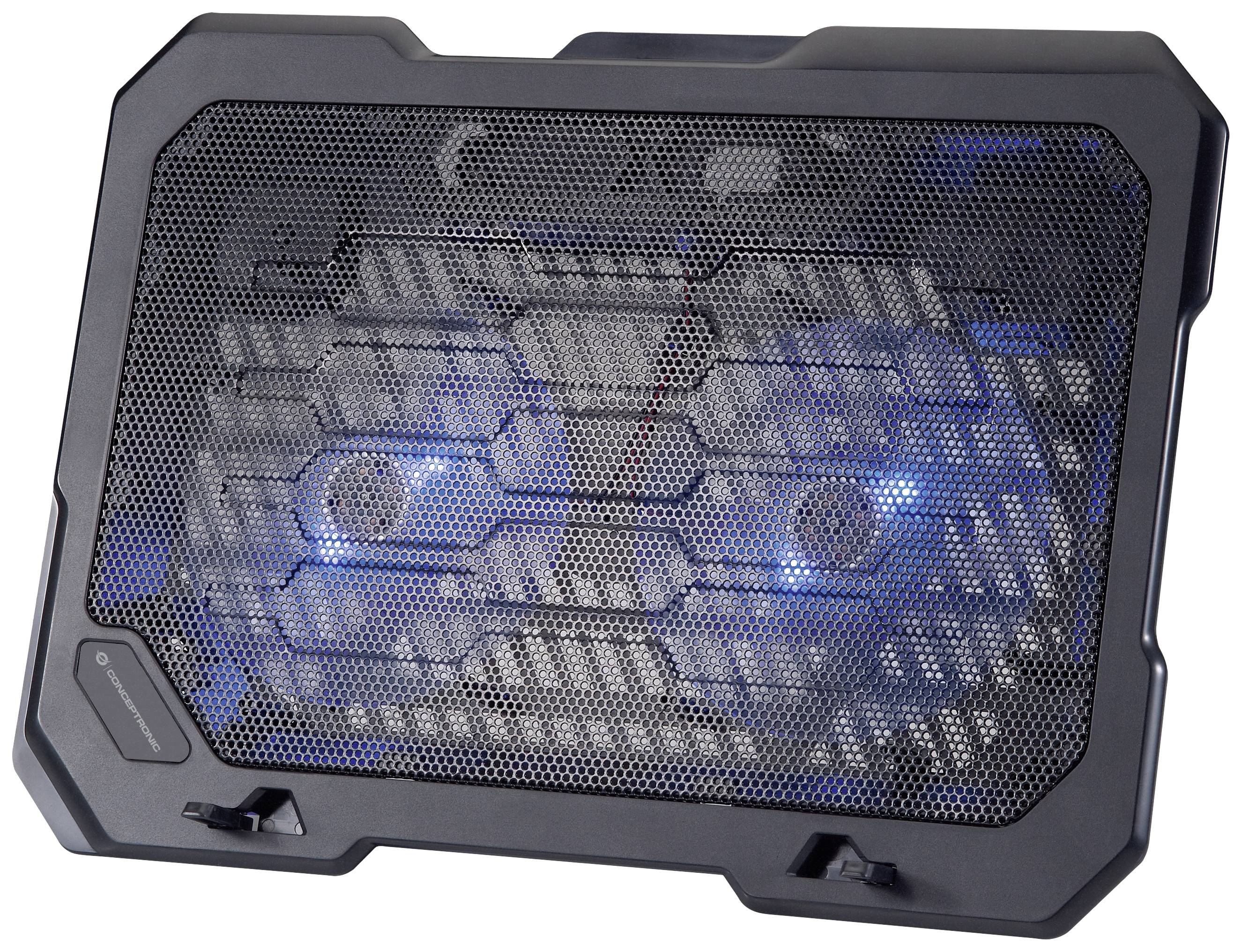 Un refroidisseur de portable noir avec un éclairage LED bleu, doté d'une grille de ventilation métallique sur sa surface.