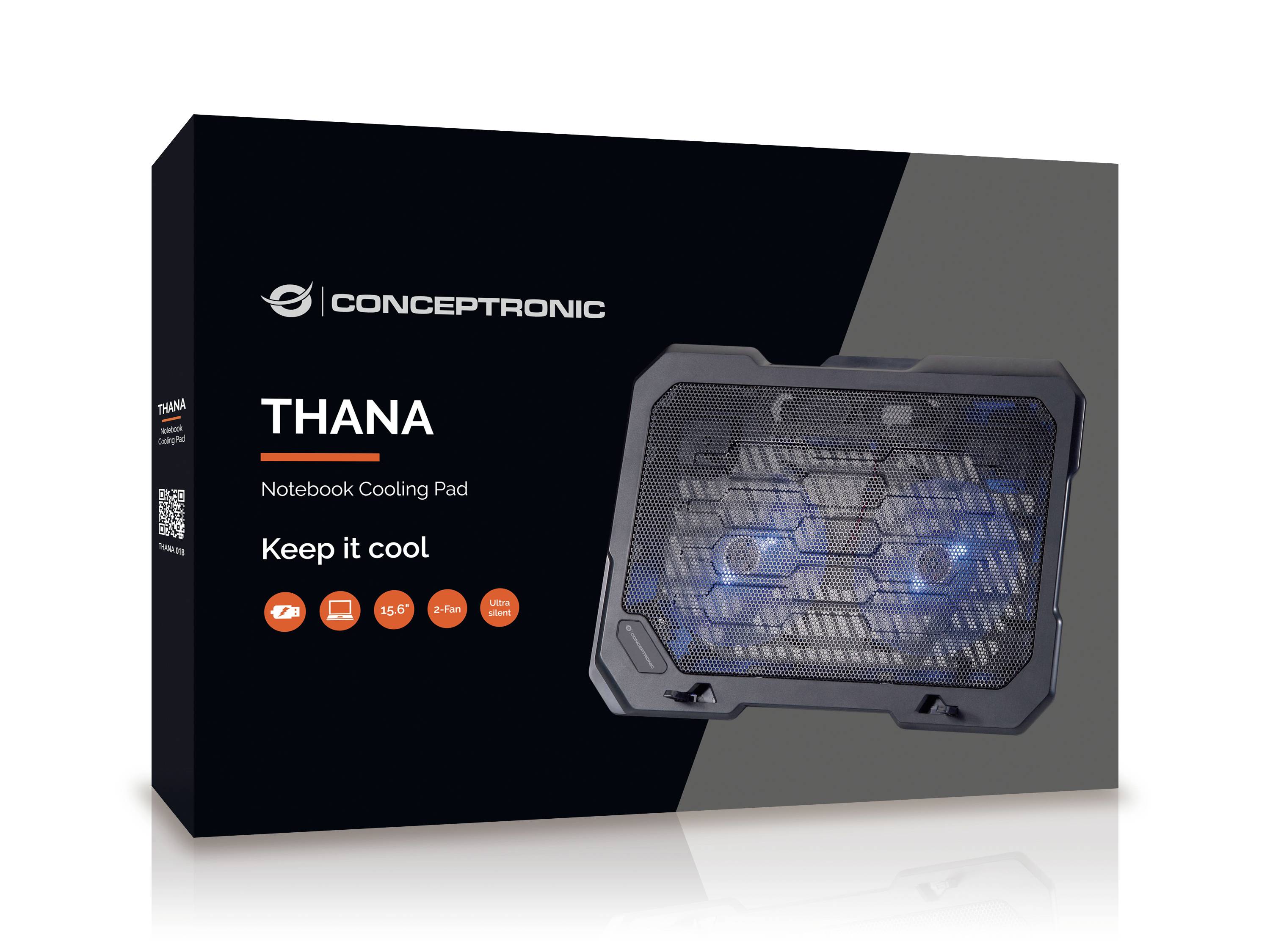 Emballage d'un support de refroidissement pour ordinateur portable de Conceptronic avec un refroidisseur lumineux bleu. Texte : 'THANA - Keep it cool'. Compatible avec les ordinateurs portables jusqu'à 17 pouces.