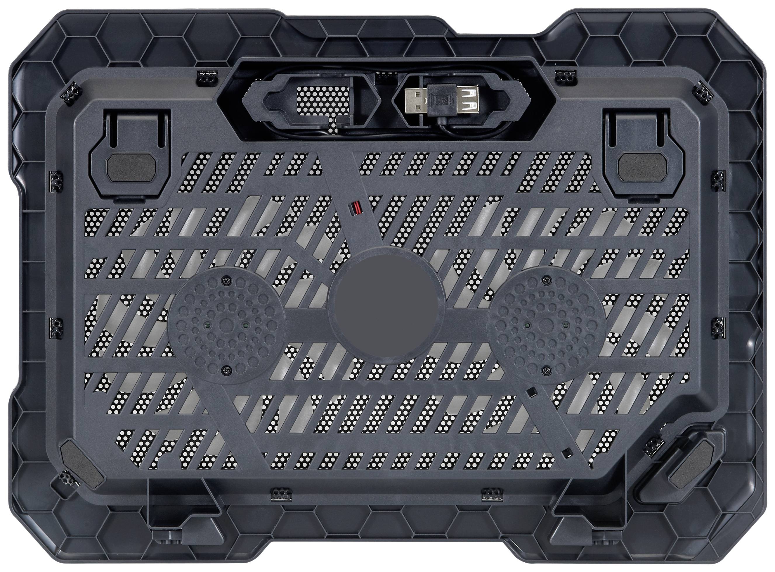 Un refroidisseur de portable noir avec deux ventilateurs, motif alvéolé et port USB en haut ; assure le refroidissement lors de l'utilisation du portable.