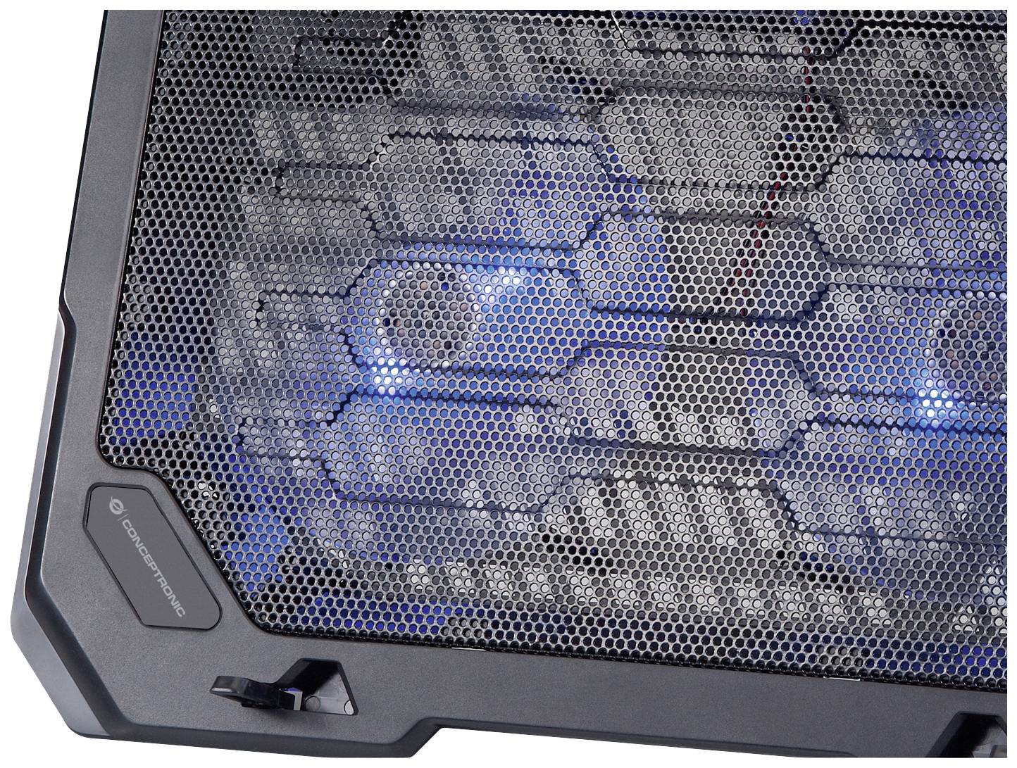 Boîtier de radiateur avec grille métallique et éclairage LED bleu, révélant un style technique.