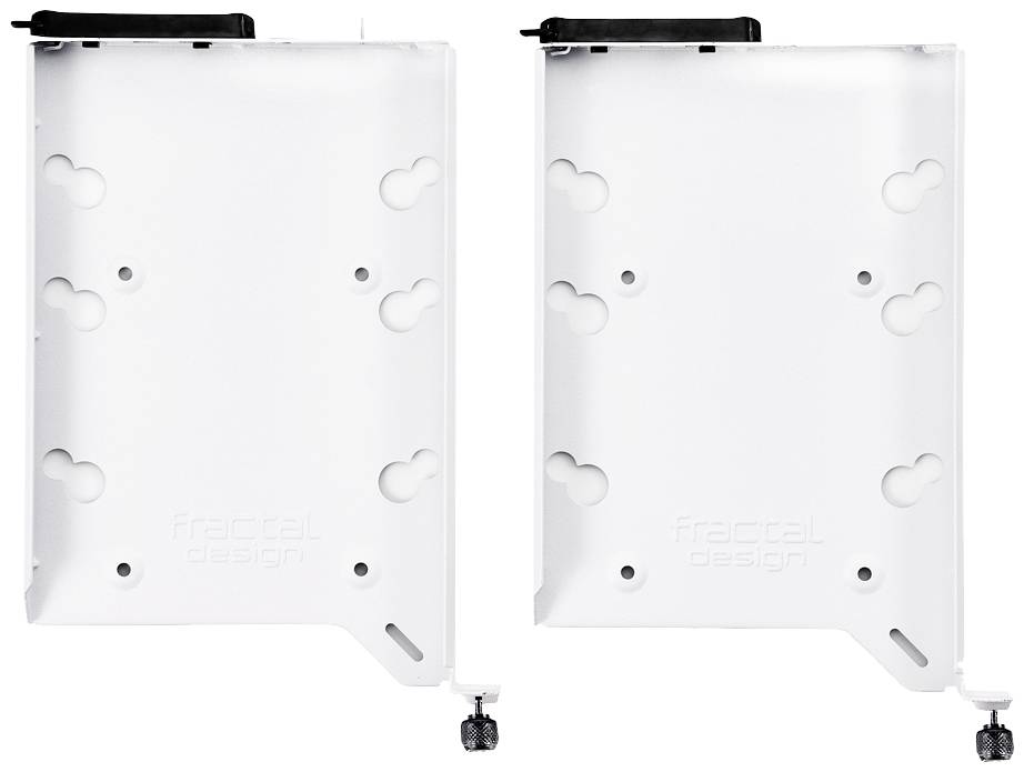 Deux supports de disque dur blancs, rectangulaires avec des coins arrondis et des capuchons de fermeture noirs, disposés côte à côte.
