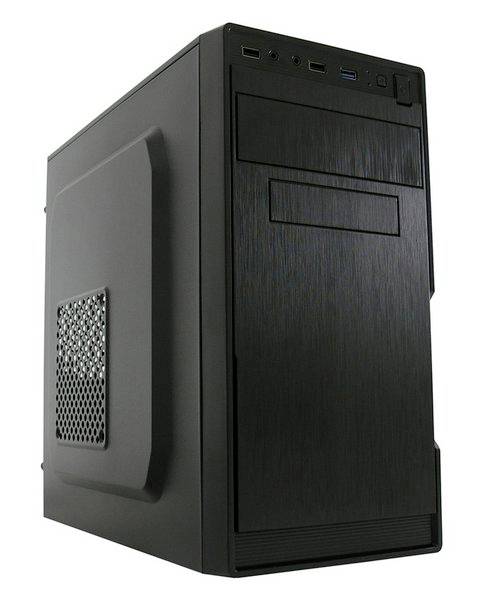 Boîtier d'ordinateur noir avec panneau latéral ventilé, ports USB, une prise casque et un bouton d'alimentation sur la façade.