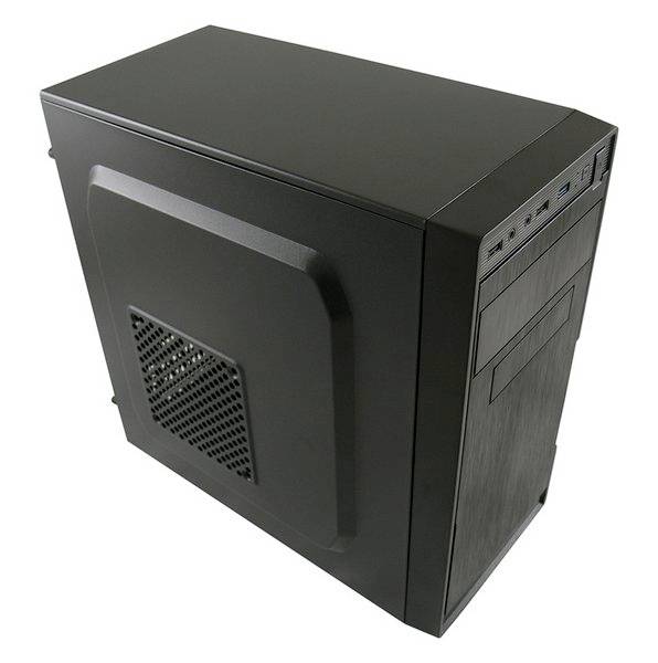 Boîtier d'ordinateur noir avec grille de ventilation sur le côté, bouton d'alimentation et ports USB à l'avant.