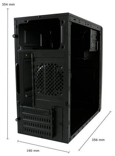 Boîtier d'ordinateur noir aux dimensions 354 mm x 190 mm x 356 mm, intérieur vide visible, adapté aux composants PC.