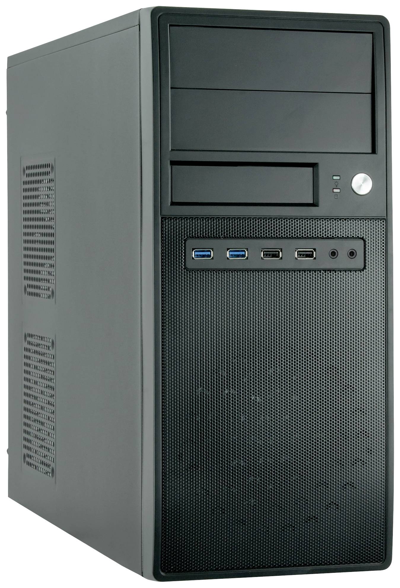 Un boîtier d'ordinateur noir avec plusieurs ports USB et des fentes de ventilation sur la façade.