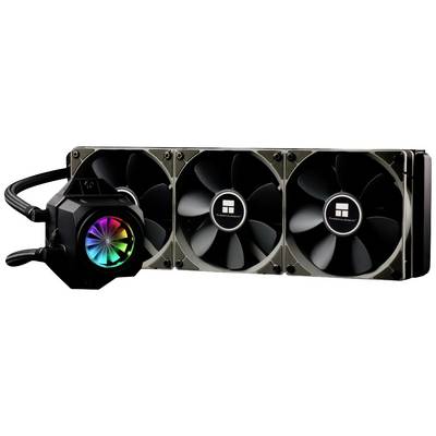Un système de refroidissement à eau noir pour ordinateur avec trois ventilateurs et un cylindre de pompe éclairé RGB. Parfait pour un refroidissement efficace.