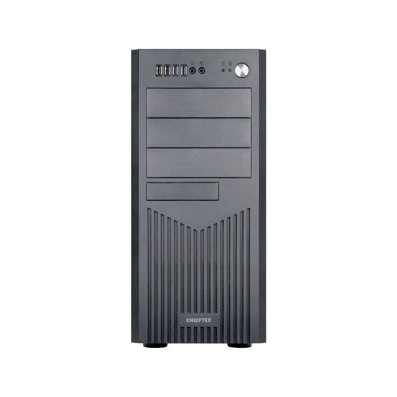 Boîtier d'ordinateur noir avec plusieurs baies et interfaces à l'avant. Adapté aux composants informatiques et accessoires.