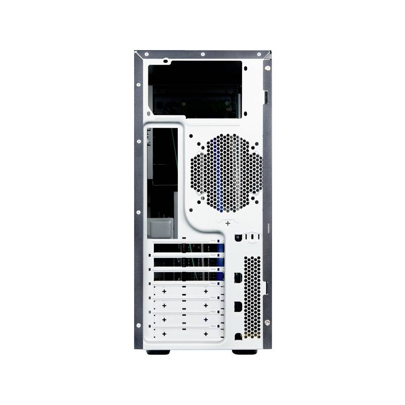 Dos d'un boîtier d'ordinateur avec des ouvertures de ventilation visibles et des emplacements pour cartes d'extension et des ports de connexion.