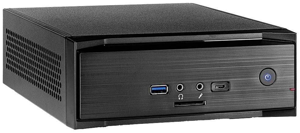 Petit mini-PC noir avec plusieurs ports à l'avant, dont des ports USB et des prises casque.