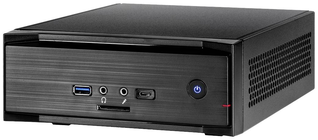Un boîtier mini-PC noir avec des ports USB, audio et HDMI sur la façade et un interrupteur marche/arrêt sur le côté droit.