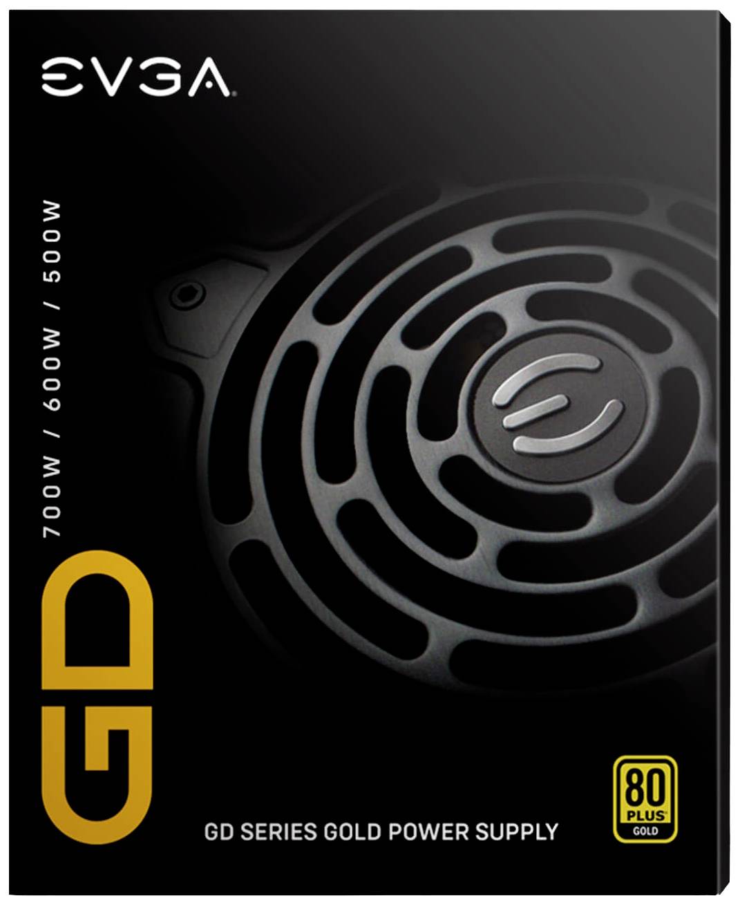 'Image d'un emballage d'alimentation EVGA Gold. Modèle GD, classes de puissance : 500W, 600W et 700W. Certification 80 Plus Gold.'