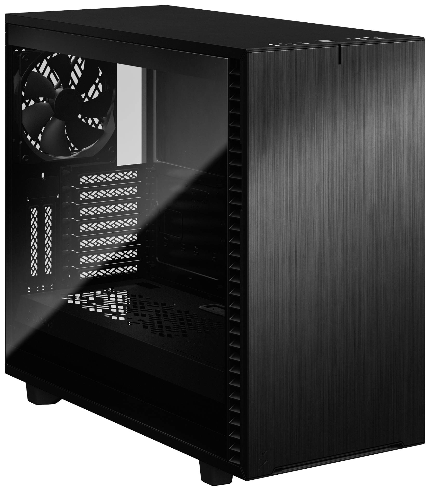 Un boîtier d'ordinateur noir avec un panneau latéral transparent et un ventilateur à l'arrière. Adapté pour l'installation de composants informatiques.