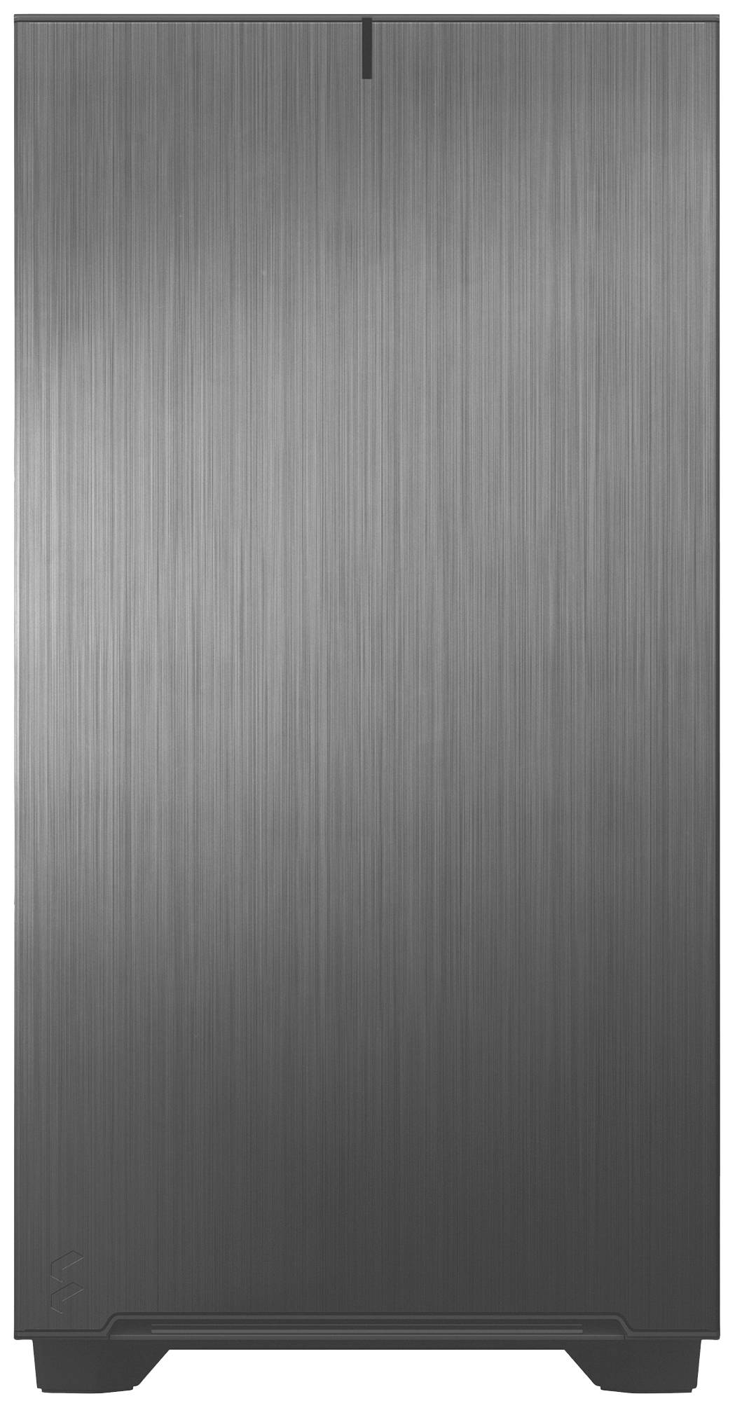 Un boîtier d'ordinateur moderne à surface métallique brossée, de forme rectangulaire et dépourvu d'éléments de commande ou de connexions visibles.