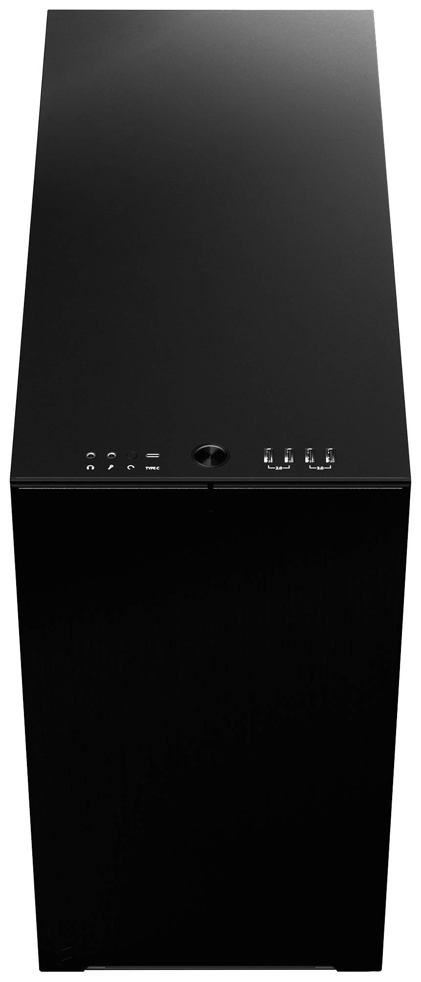 Tour d'ordinateur noir, verticale, avec des ports visibles en haut, au design épuré.