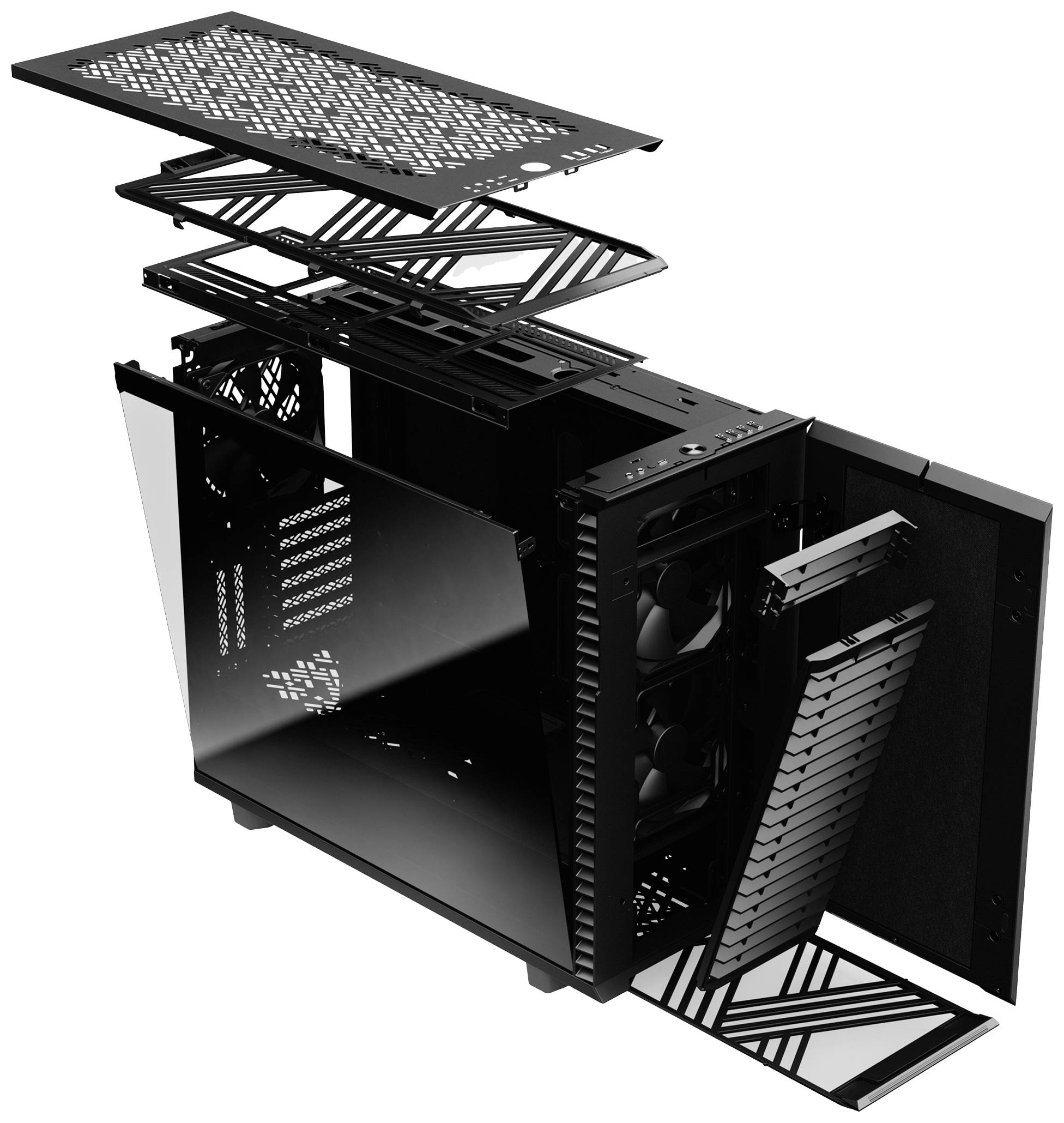 Vue éclatée d'un boîtier d'ordinateur, montrant les différents composants tels que le panneau latéral, les ventilateurs, le châssis et le panneau avant dans une perspective désassemblée.