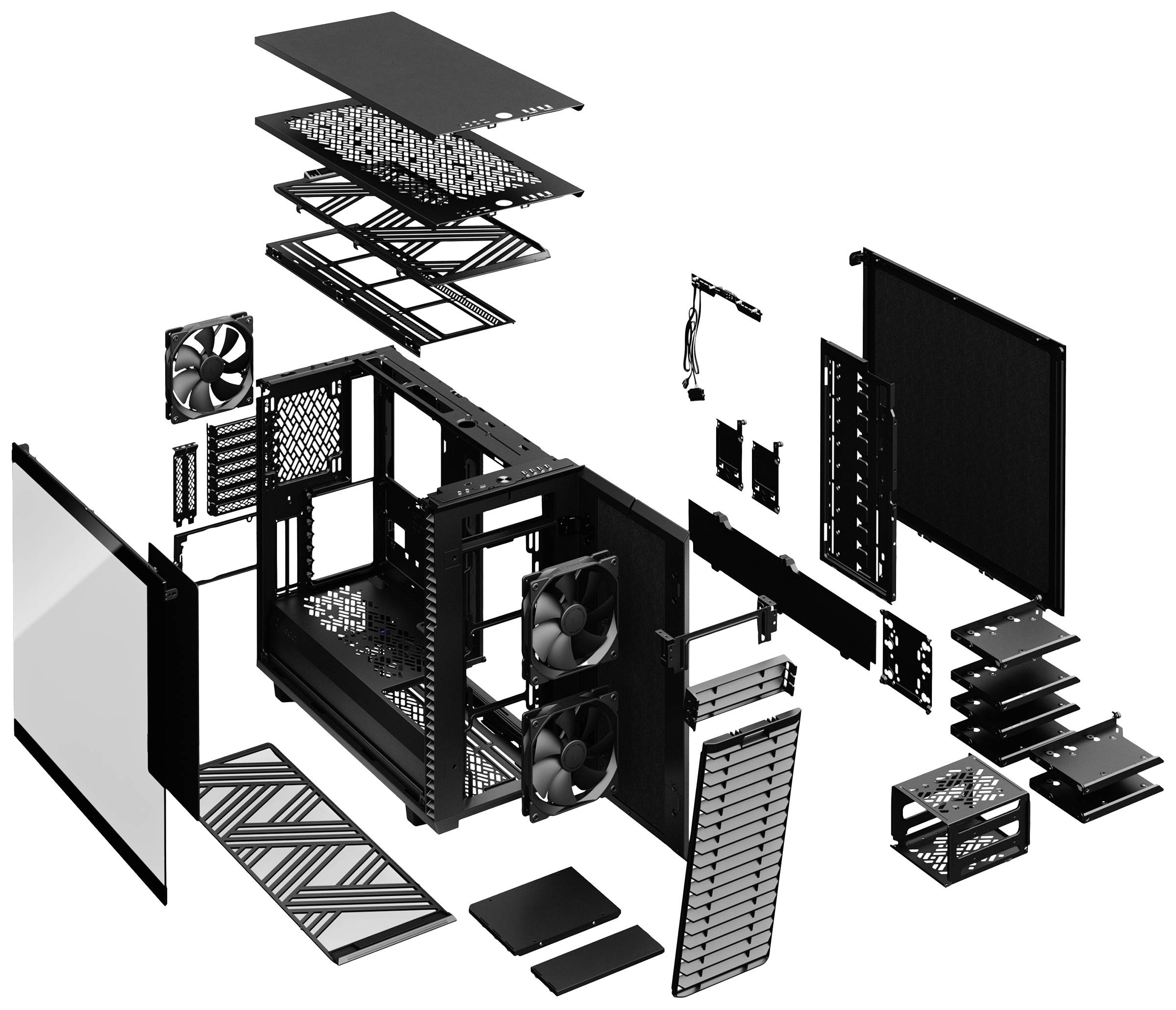 Vue éclatée d'un boîtier d'ordinateur avec tous ses composants : boîtier principal, ventilateurs, capots, vis et câbles.