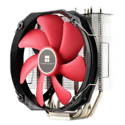 Un dissipateur thermique de CPU avec un ventilateur rouge et des ailettes en métal pour évacuer la chaleur.