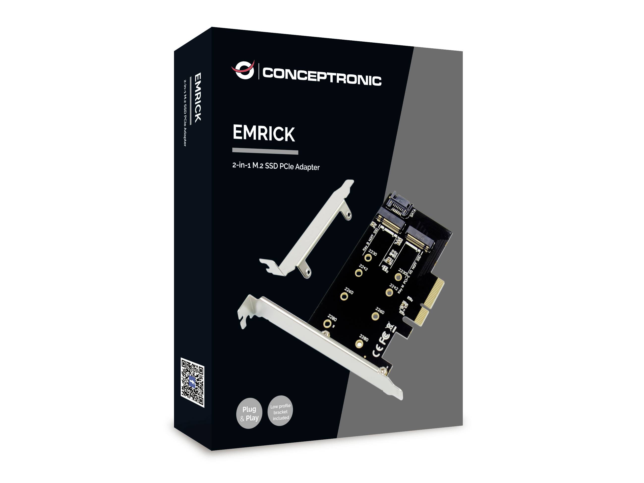 Emballage d'un adaptateur SSD M.2 PCIe 2-en-1 de la marque Conceptronic, nommé EMRICK, illustrant l'adaptateur et deux supports.