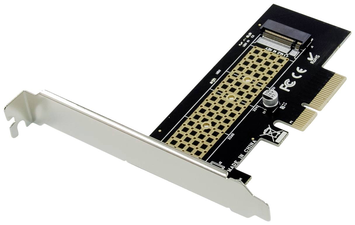 Une carte adaptateur PCIe pour SSD M.2, montrant les connecteurs et la configuration du circuit, utile pour des solutions de stockage assistées par ordinateur.