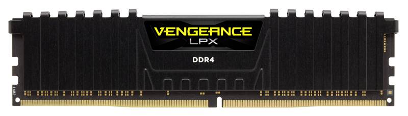Un module RAM DDR4 avec un dissipateur thermique noir, sur lequel est inscrit « Vengeance LPX ».