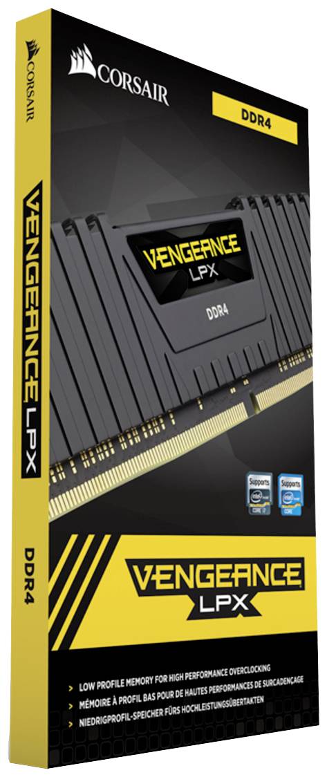 Emballage de la mémoire Corsair Vengeance LPX DDR4. Couleurs jaune et noir, avec le texte 'Mémoire à faible encombrement pour overclocking haute performance'.