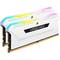 Deux modules de RAM Vengeance RGB Pro blancs avec éclairage LED en plusieurs couleurs, adaptés aux mises à niveau d'ordinateur.