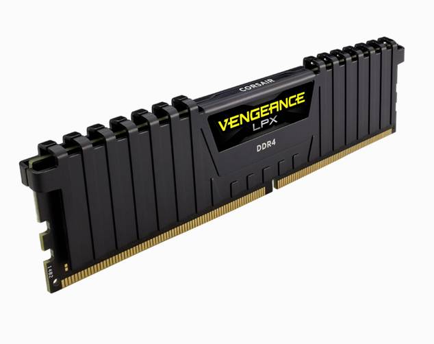 Une barrette de RAM DDR4 noire portant l'inscription 'VENGEANCE LPX' de Corsair, avec des broches de contact dorées visibles en bas.