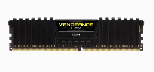 Barrette de RAM noire portant l'inscription 'Vengeance LPX DDR4', avec des contacts dorés sur les côtés visibles.