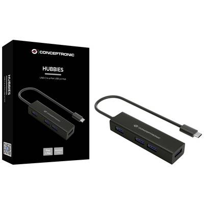 Hub USB-C vers USB 3.0 à 4 ports de Conceptronic. Présente le produit et son emballage. Fonction principale : Élargit la connectivité USB.
