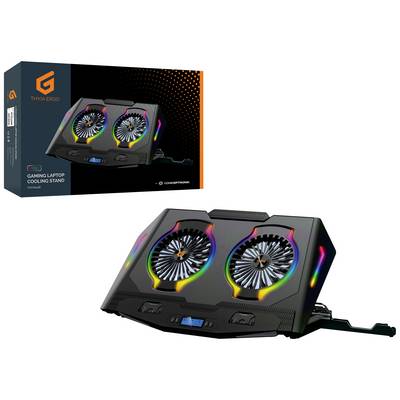 Support de refroidissement pour ordinateur portable de jeu avec ventilateurs et éclairage RVB. L'emballage présente l'image du produit et le logo de la marque. Connexion électrique visible.