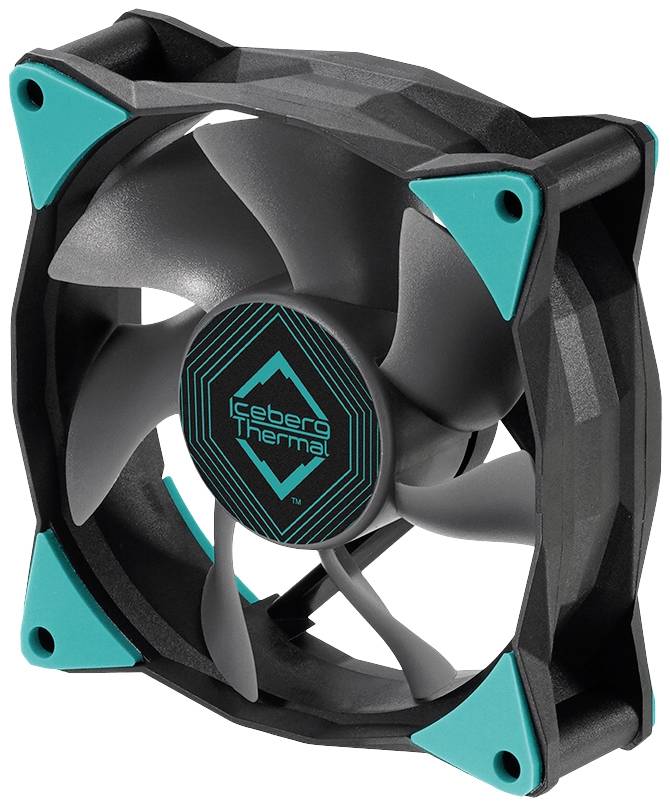 Un ventilateur de boîtier noir et turquoise à six pales. Inscription au centre : « Iceberg Thermal ».