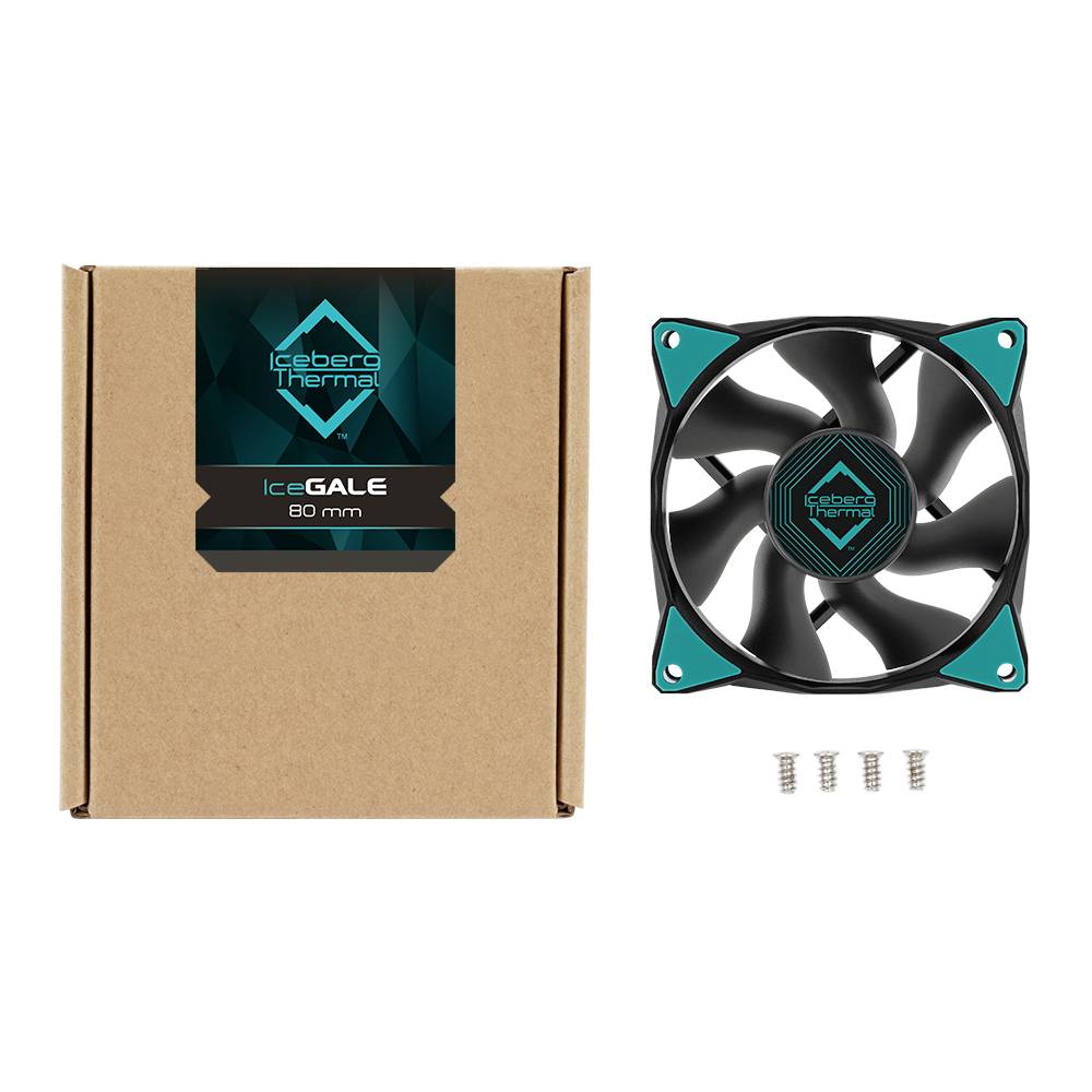Ventilateur 'IceGale 80 mm' à côté de l'emballage marron et de quatre vis argentées. Le ventilateur a un boîtier noir avec des accents turquoise.