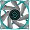Un ventilateur d'ordinateur gris avec huit pales de rotor et un cadre vert. Le logo 'Iceberg Thermal' est visible au centre.