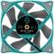 Un ventilateur d'ordinateur turquoise avec des pales grises, sur lequel sont représentés un texte cyrillique et un certificat RoHS. Modèle : 'Iceberg Thermal IceGALE'.